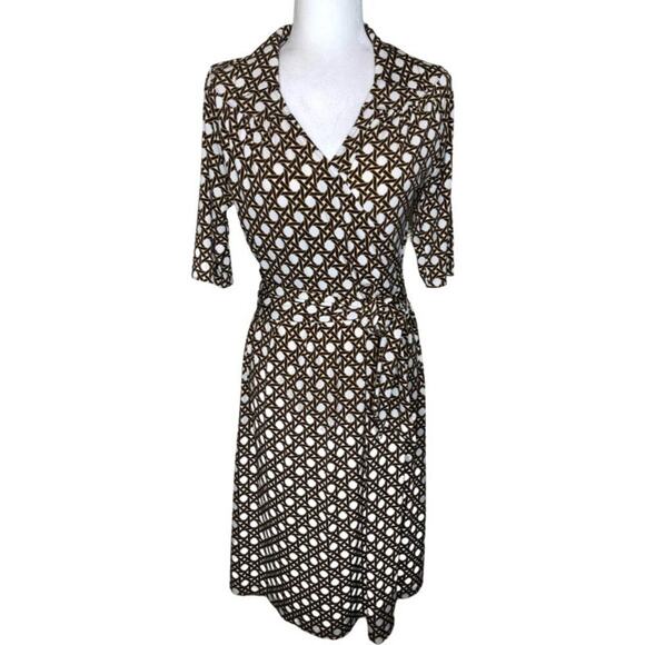Talbots Faux Wrap Dress in Brown and White Weave Print Retro US 4 - Picture 1 of 16